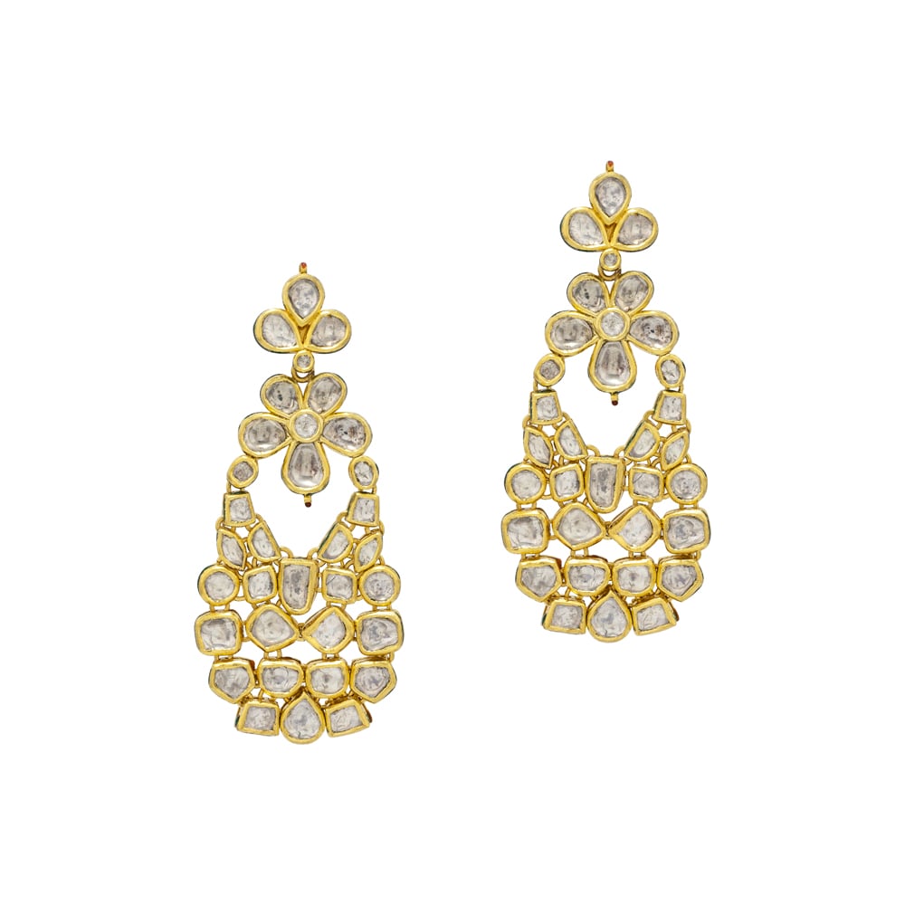 Floral Cascade Earrings with Polki & Gold Detailing